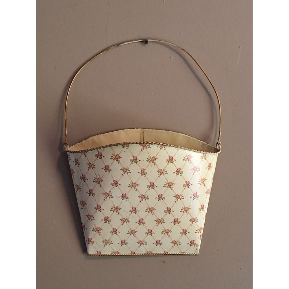 Vintage Metal Wall Pocket Planter Pink Rose Floral Trellis Cottagecore Decor